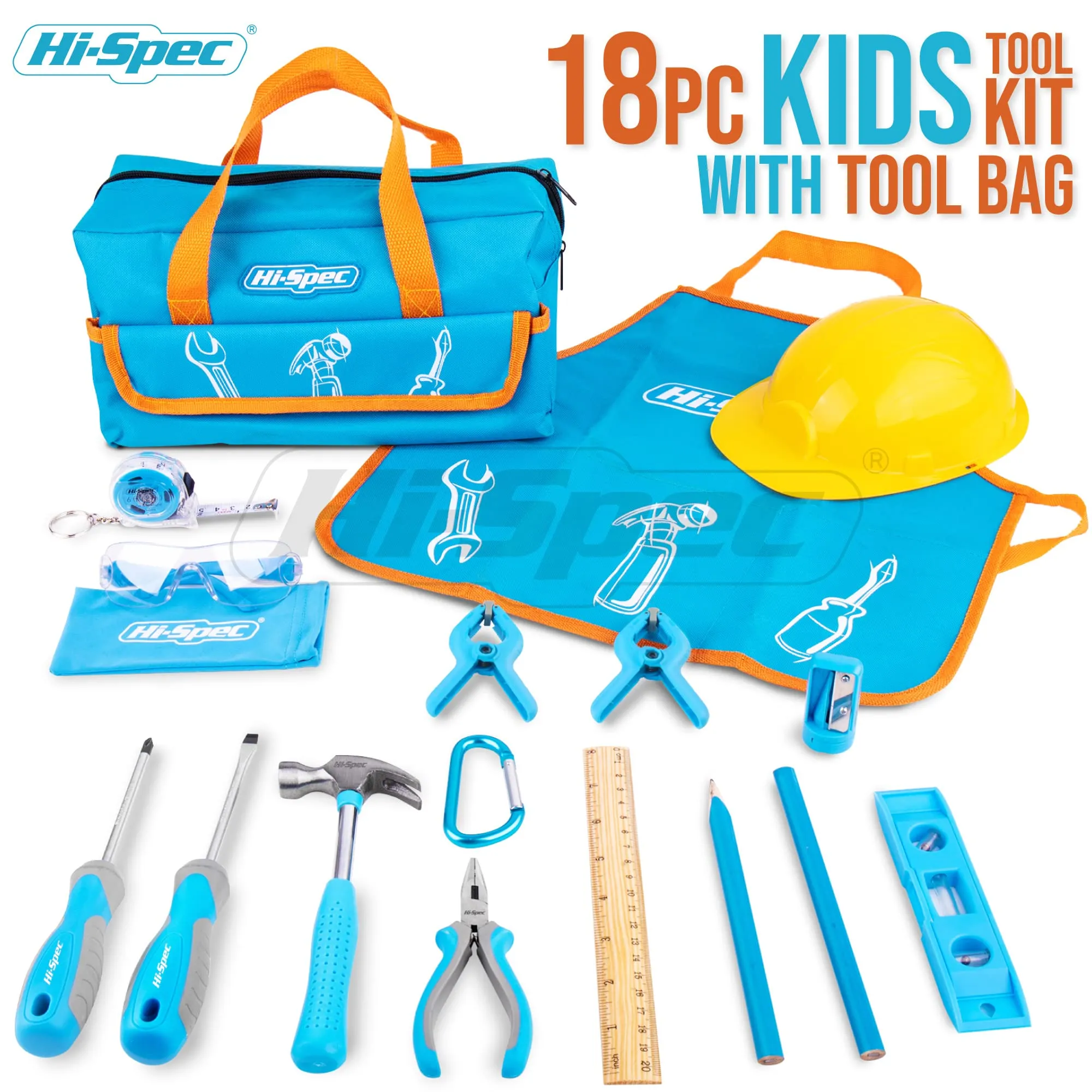 18pc Blue Kids Real Tool Kit Set and Child Size Tool Bag. Real Metal Hand Tools for DIY Building and Woodworking