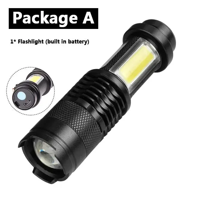 2000LM MINI Flashlights Built in Battery USB Charging LED Flash Light COB Zoomable Waterproof Tactical Torch Lamp Bulbs Lantern