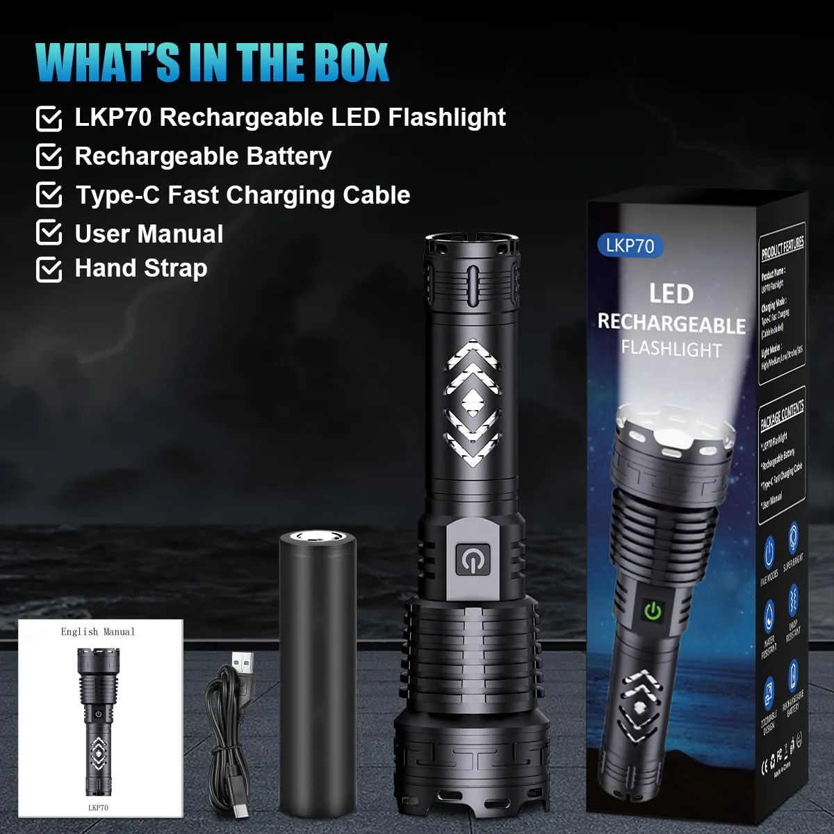 Alifa Rechargeable Flashlights High Lumens, 990000 Lumens Led Tactical Flashlight, 5 Modes Super Bright Flashlight with Zoomable, IPX67 Waterproof, Handheld Flash Light for Camping Emergencies