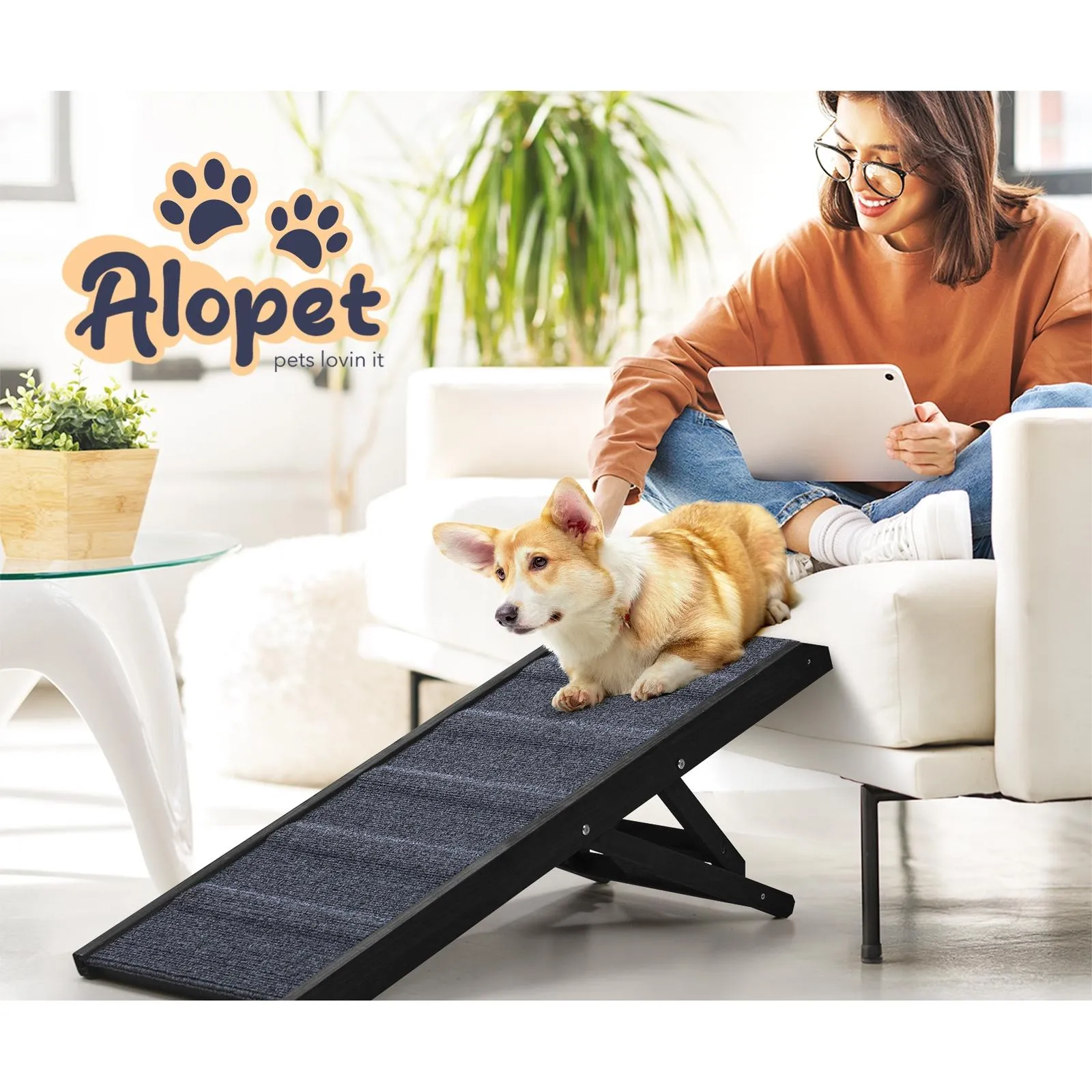 Alopet Dog Pet Ramp Adjustable Height Dogs Stairs Bed Sofa Car Foldable 90cm