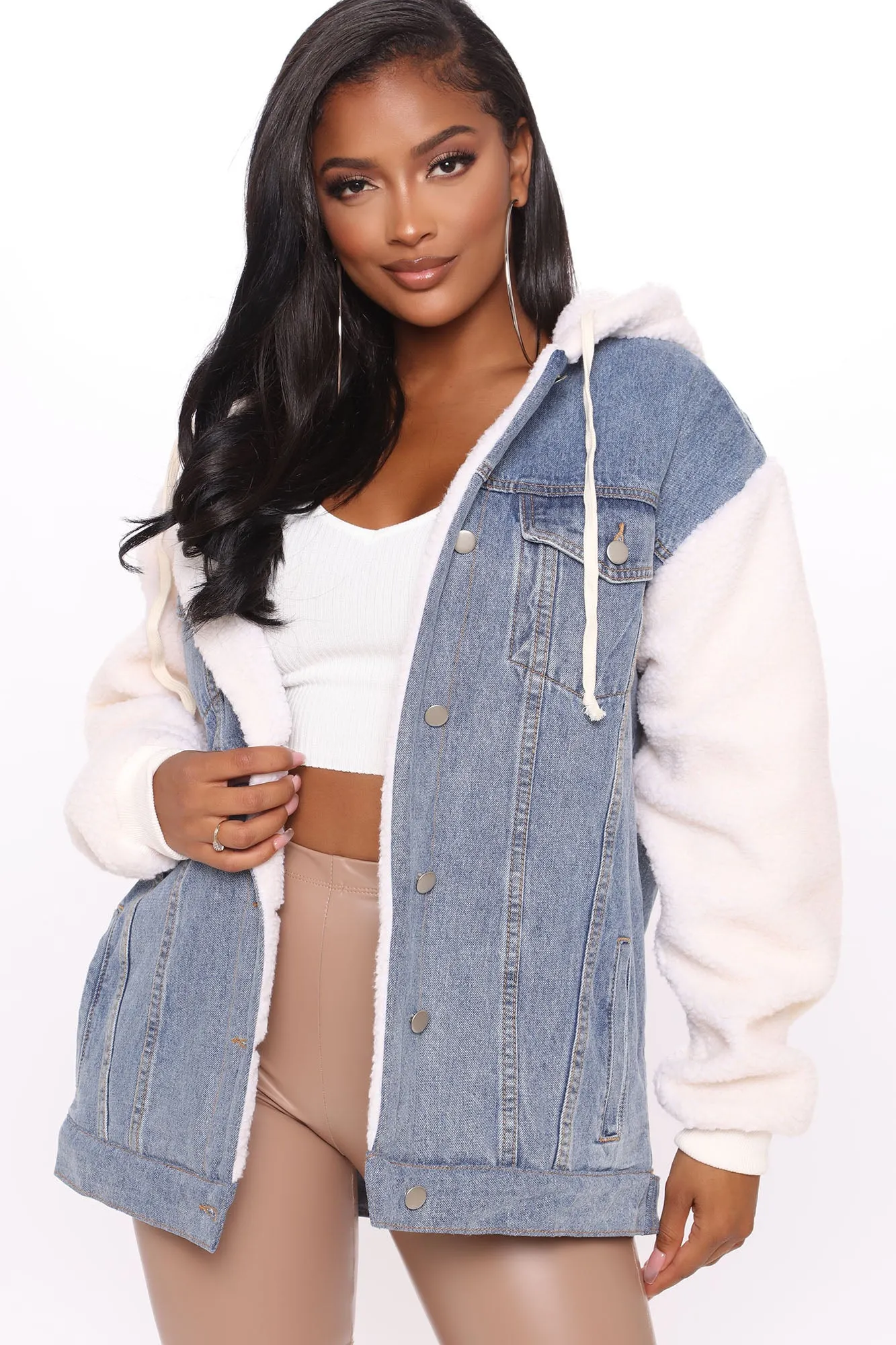 Always Keep Me Warm Fuzzy Denim Jacket - Ivory/combo