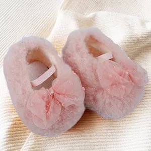 Baby Moo Bow Applique Warm Furry Booties - Pink