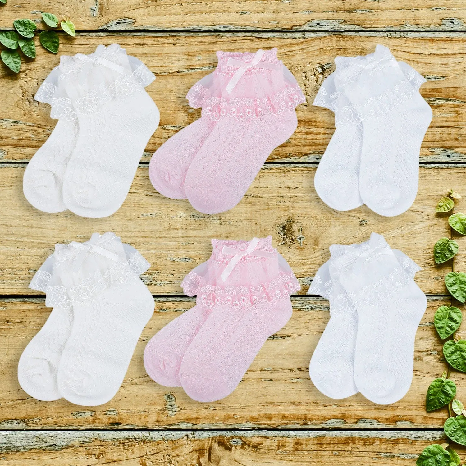 Baby Moo Lace Frill Soft Socks Pack of 6 - White, Pink