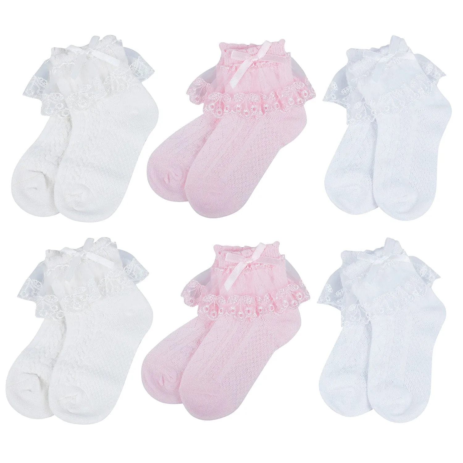 Baby Moo Lace Frill Soft Socks Pack of 6 - White, Pink