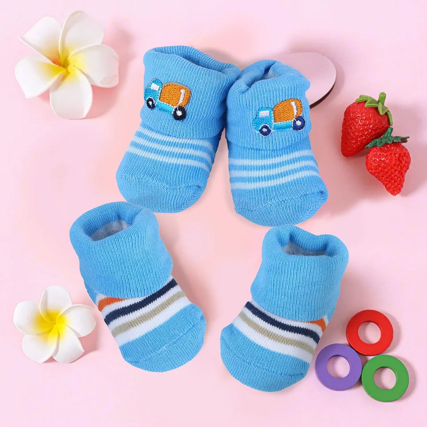 Baby Moo Lorry And Stripes Newborn Breathable Infant Cotton Socks - Blue