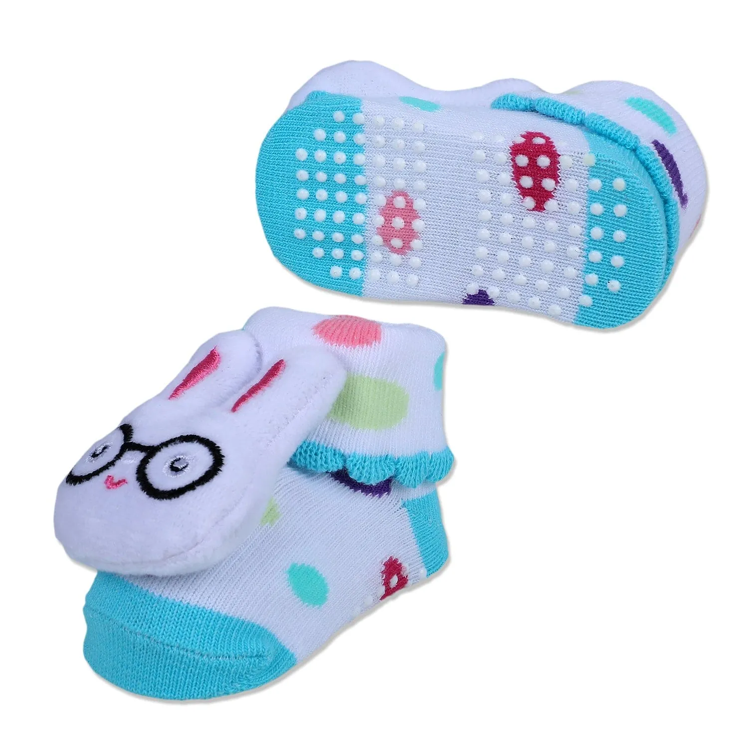 Baby Moo Nerdy Bunny Cotton Anti-Skid 3D Socks - White