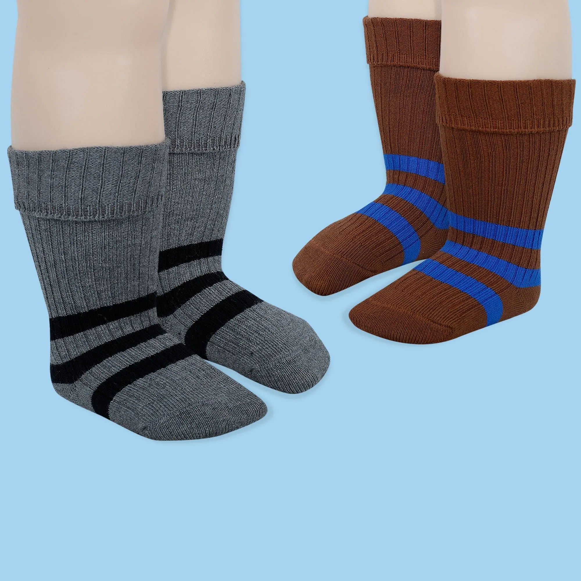 Baby Moo Striped Anti-Skid Socks Pack of 2 - Brown, Grey