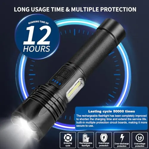 BERCOL Flashlights High Lumens Rechargeable, 990,000 Lumens Super Bright Led Flashlight, 7 Modes Brightest Powerful Flash Light with COB Light, IPX6 Waterproof Handheld Flashlights for Camping Home