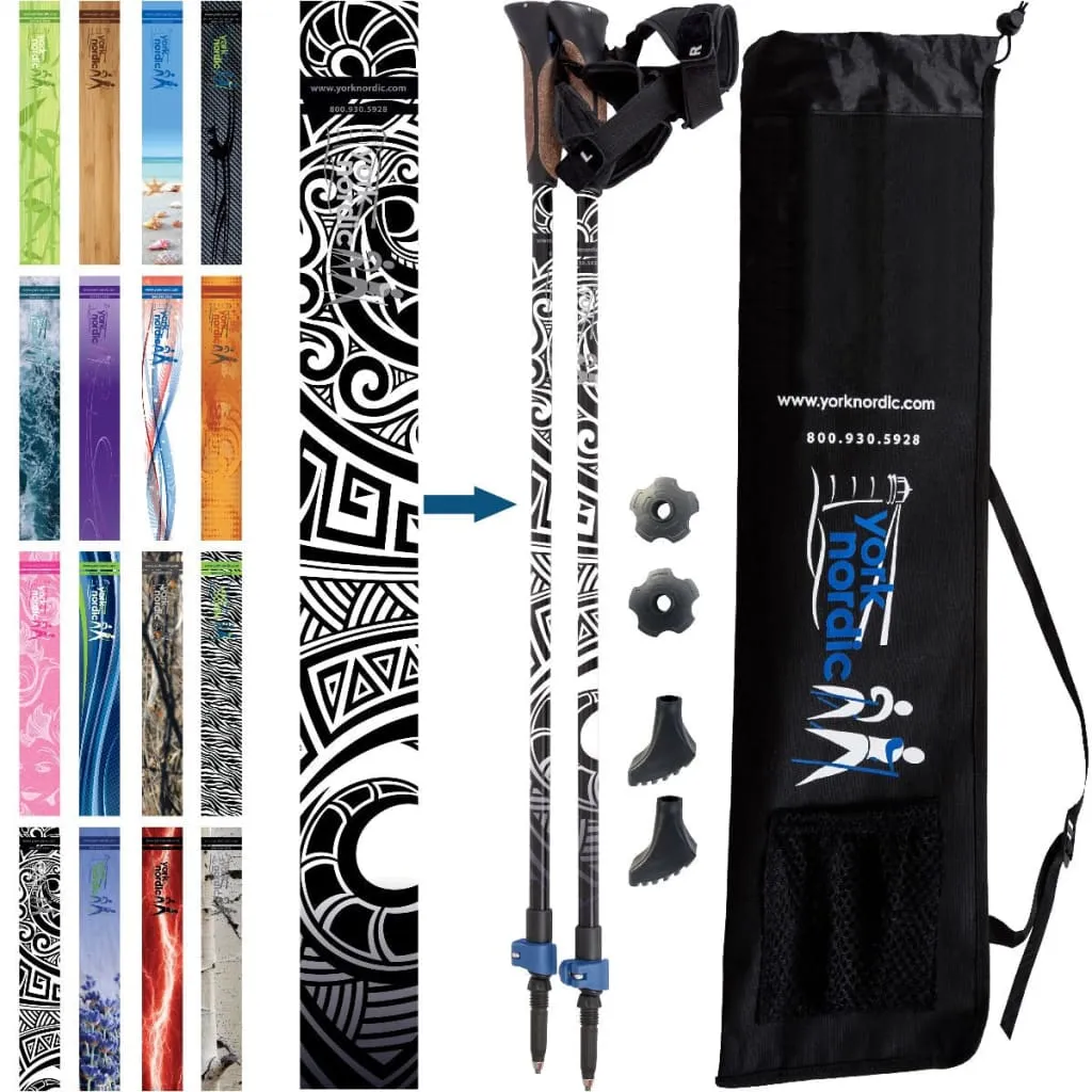 Black Maori Tattoo Hiking - Walking Poles w-flip locks, detachable feet and travel bag - 2 poles - For Heights up to 6’2”