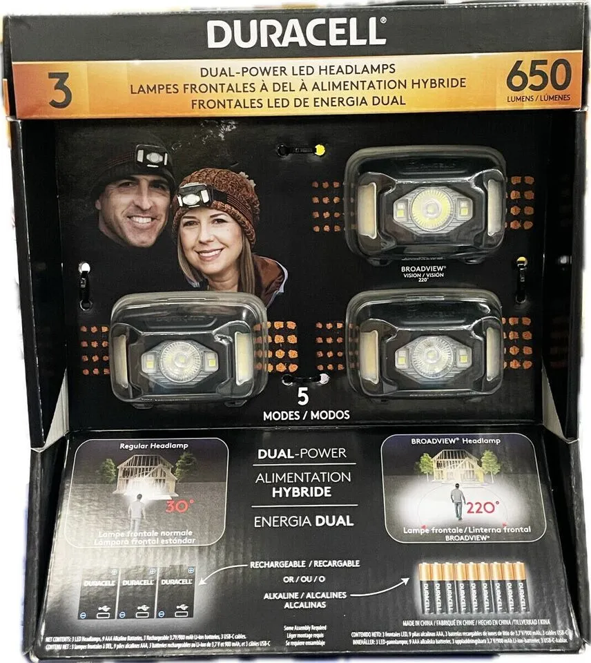 Duracell Dual Power Headlamp, 650 Lumens, Pack of 3