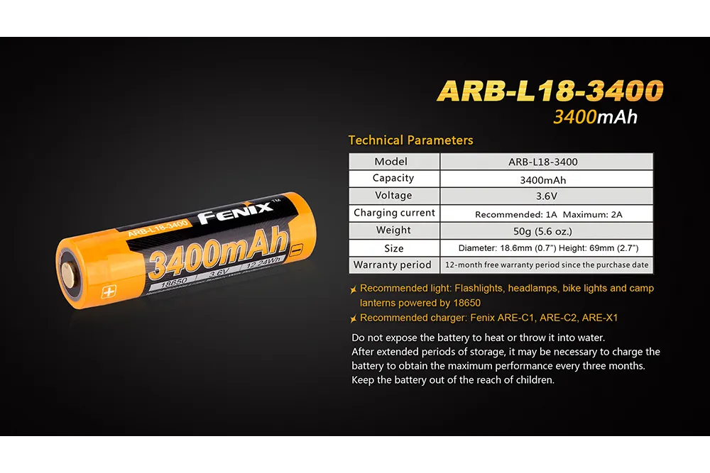 Fenix ARB-L18-3400mAh Rechargeable 18650 Battery