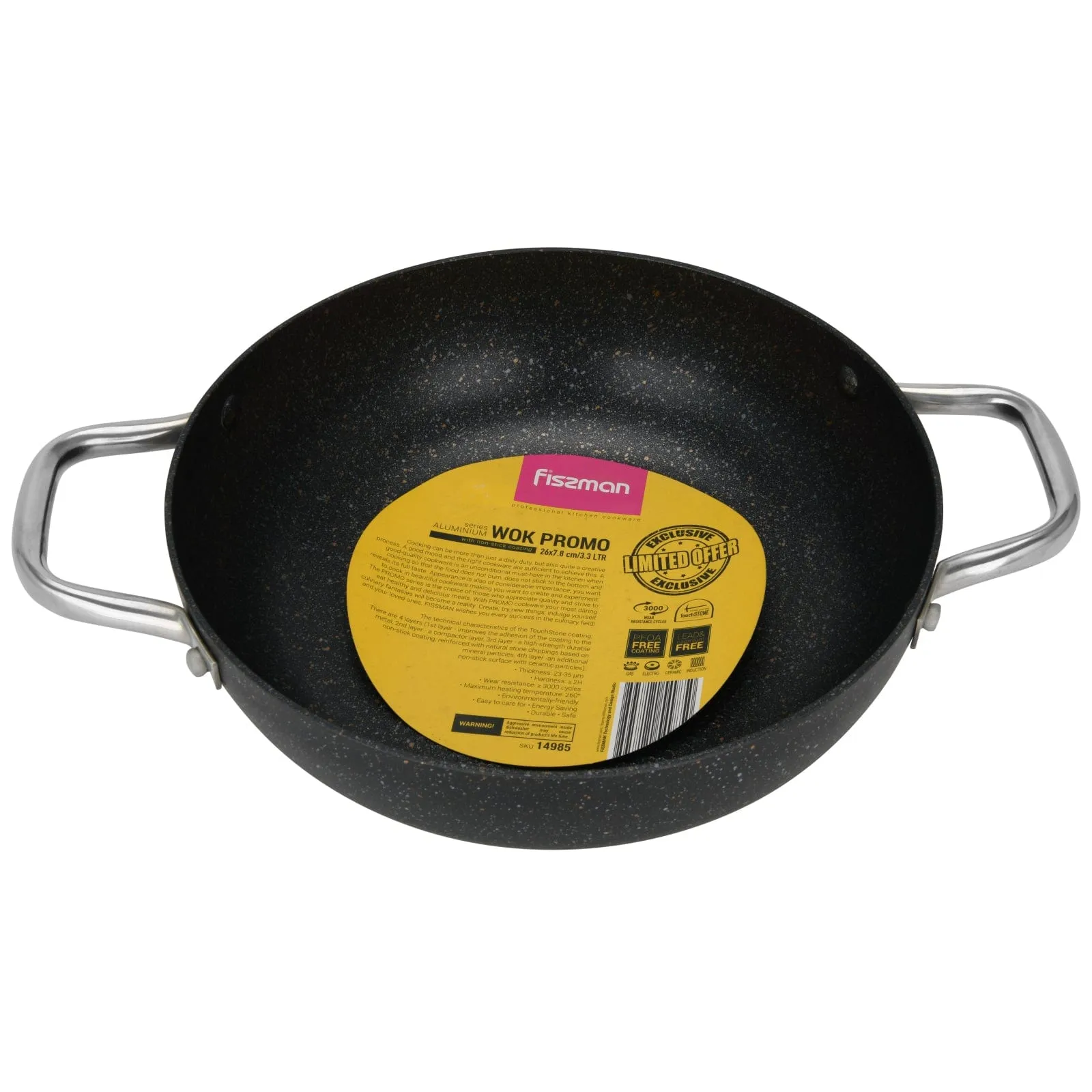 Fissman Wok Pan Promo Series With Aluminum And Non Stick Coating 26X7.8Cm/3.3Ltr Black