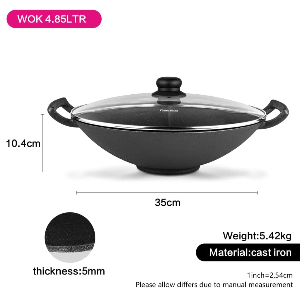 Fissman Wok With Glass Lid Cast Iron 35x10.4cm/4.85LTR Black/Clear