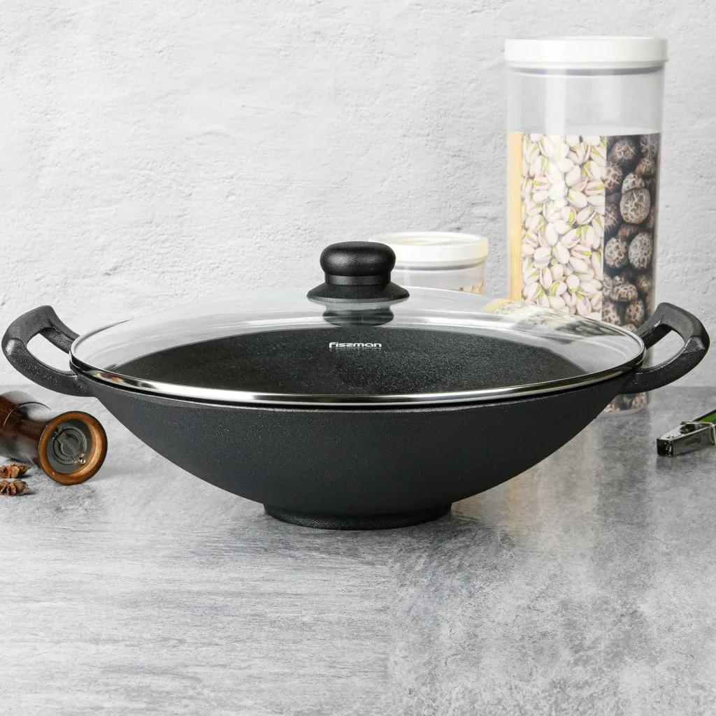 Fissman Wok With Glass Lid Cast Iron 35x10.4cm/4.85LTR Black/Clear