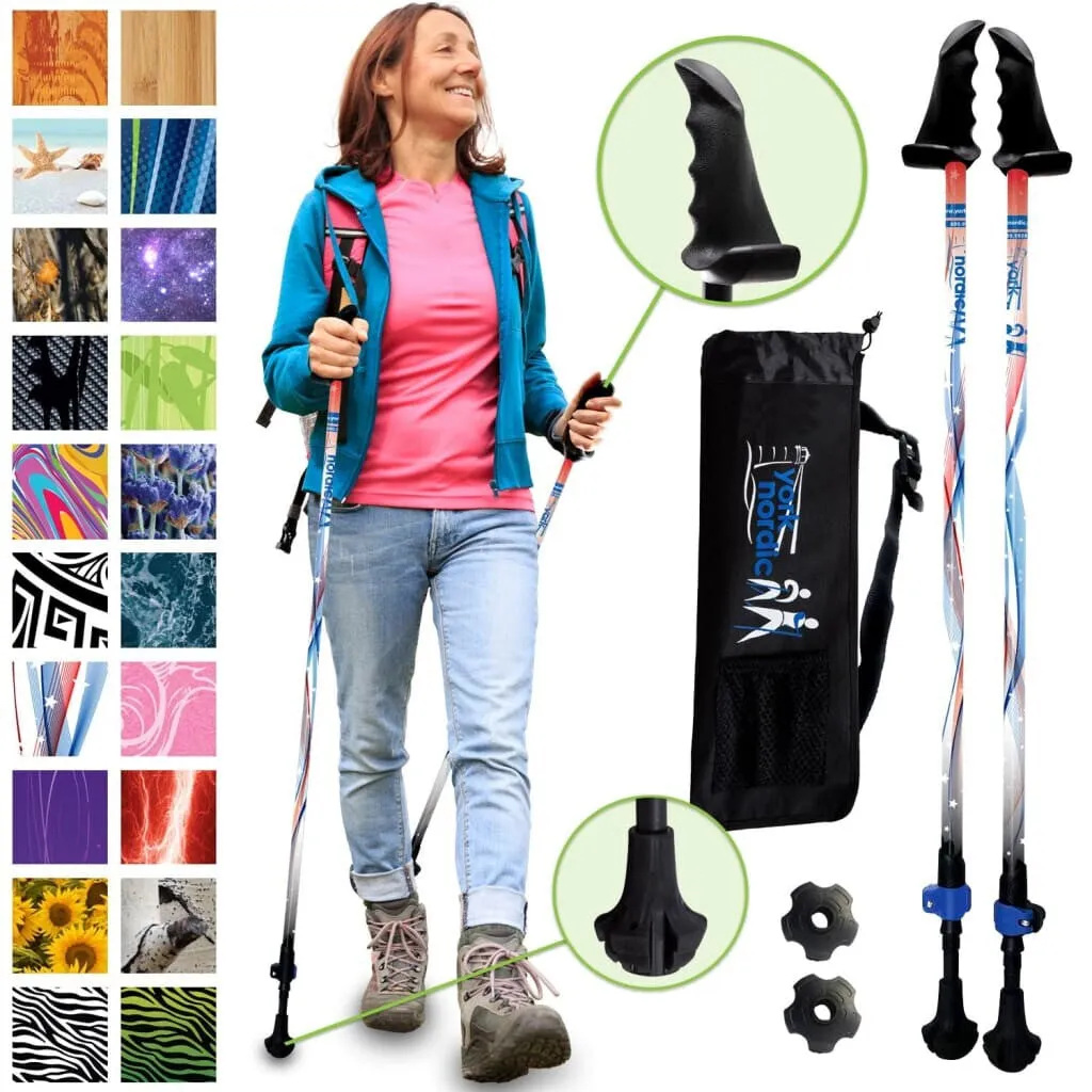 GO USA Walking Poles - Stars & Stripes Design - Choice of Grips - 2 poles, Tips & Bag - For Heights up to 6’2”