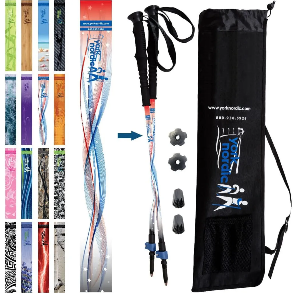 GO USA Walking Poles - Stars & Stripes Design - Choice of Grips - 2 poles, Tips & Bag - For Heights up to 6’2”