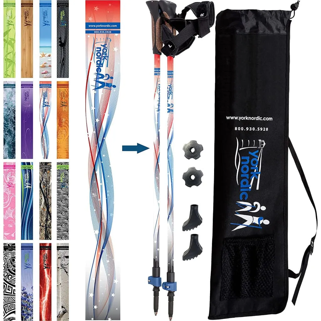 GO USA Walking Poles - Stars & Stripes Design - Choice of Grips - 2 poles, Tips & Bag - For Heights up to 6’2”