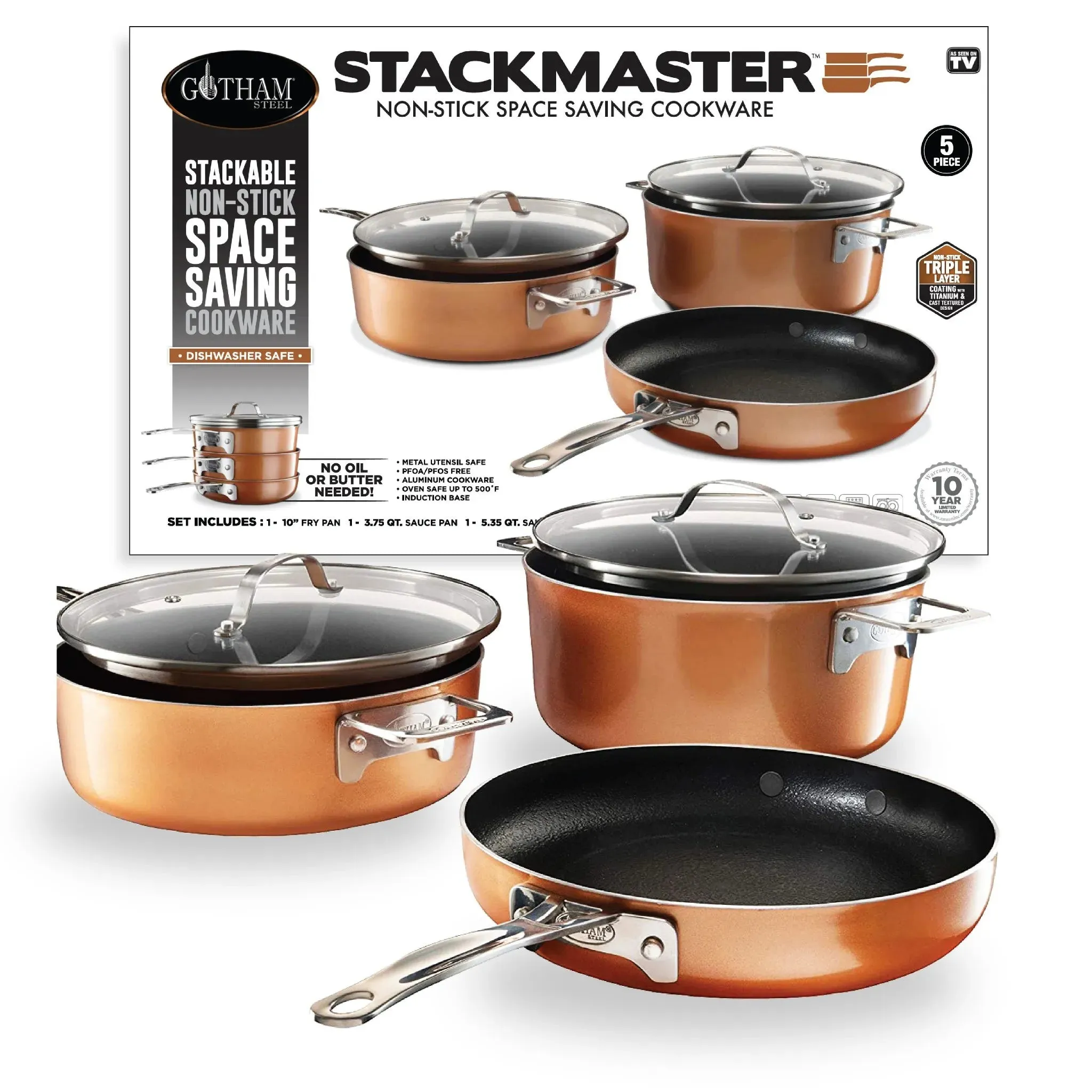 Gotham Steel Stackmaster 5-Piece Copper Space Saving Nonstick Cookware Set