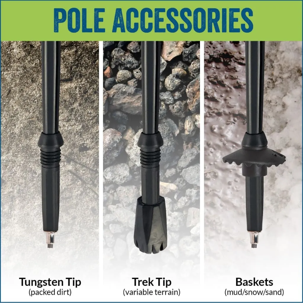 Gray "Man Up" Series Hiking Poles - 2 pack w-flip locks, detachable feet and travel bag - For Heights up to 6’2”