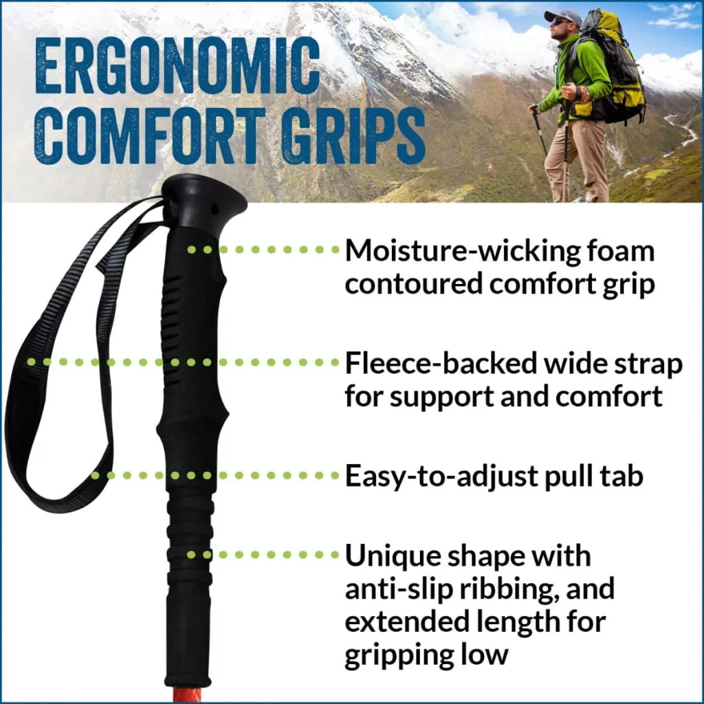 Gray "Man Up" Series Hiking Poles - 2 pack w-flip locks, detachable feet and travel bag - For Heights up to 6’2”