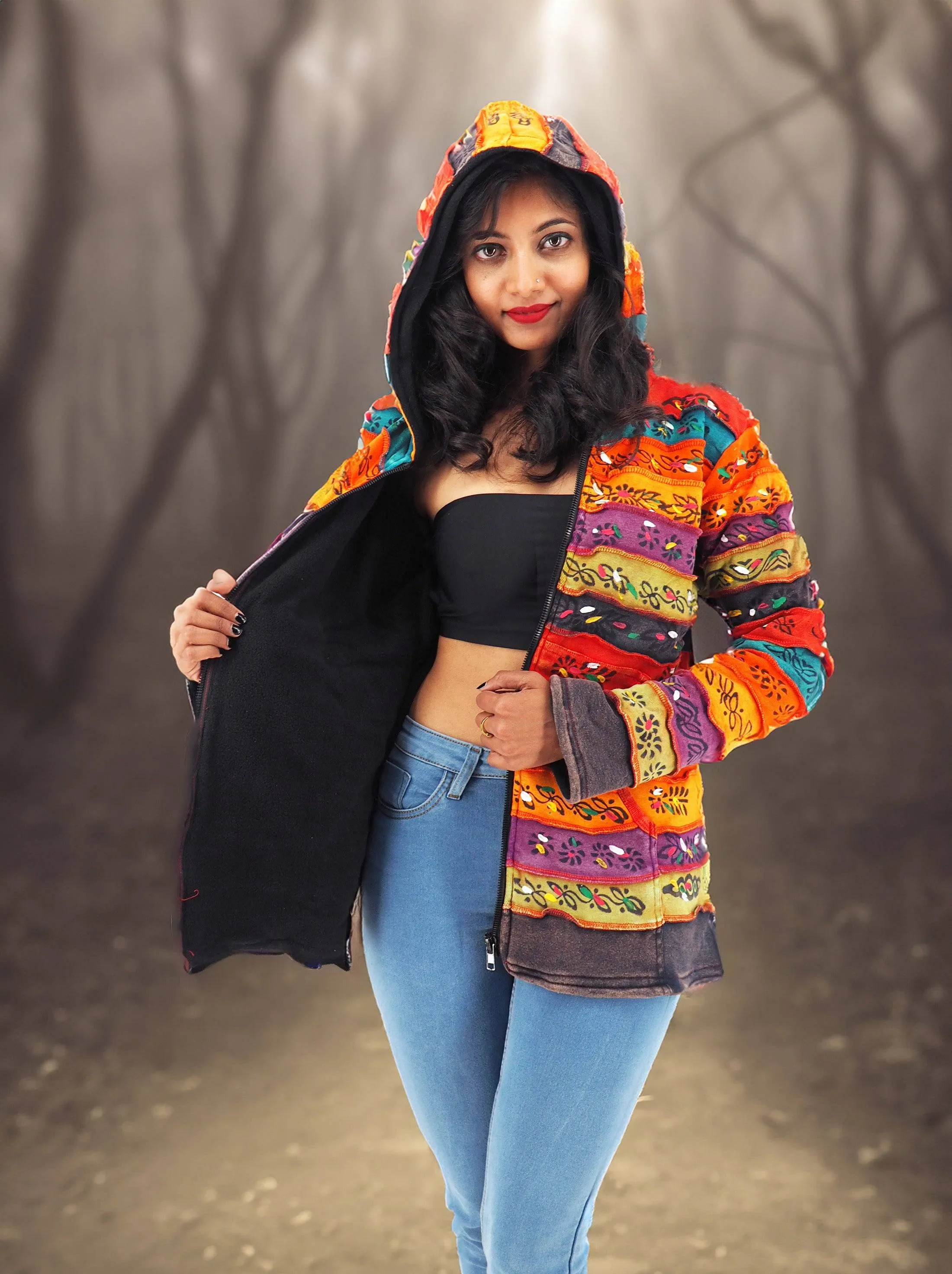 Handmade Patchwork Boho Fleece Lined Hoodie 100% Pre-Washed Cotton Rainbow Tones S-M-L-XL