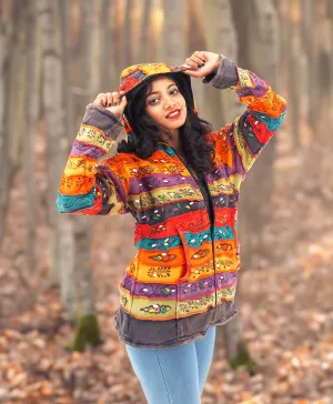 Handmade Patchwork Boho Fleece Lined Hoodie 100% Pre-Washed Cotton Rainbow Tones S-M-L-XL