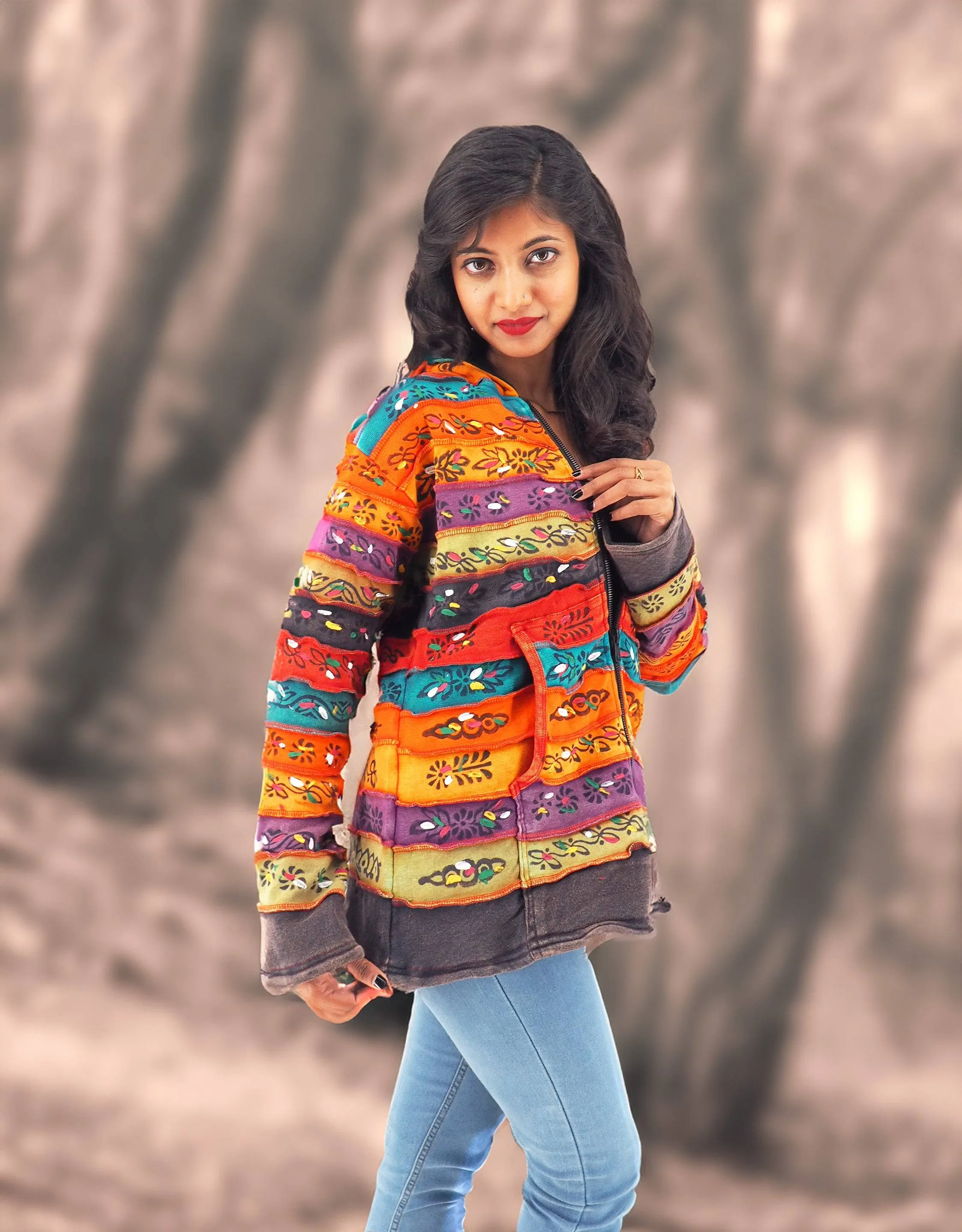 Handmade Patchwork Boho Fleece Lined Hoodie 100% Pre-Washed Cotton Rainbow Tones S-M-L-XL