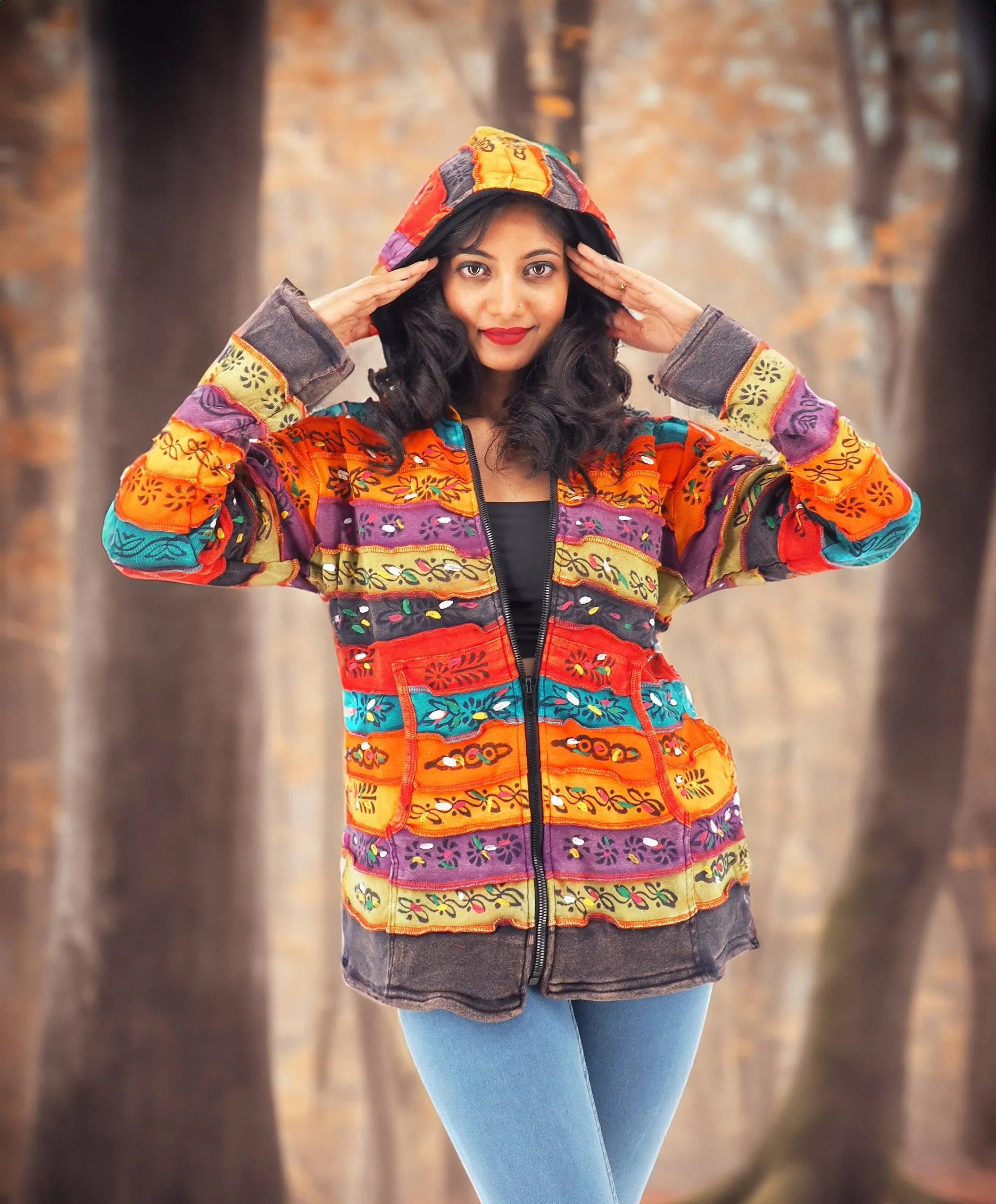 Handmade Patchwork Boho Fleece Lined Hoodie 100% Pre-Washed Cotton Rainbow Tones S-M-L-XL