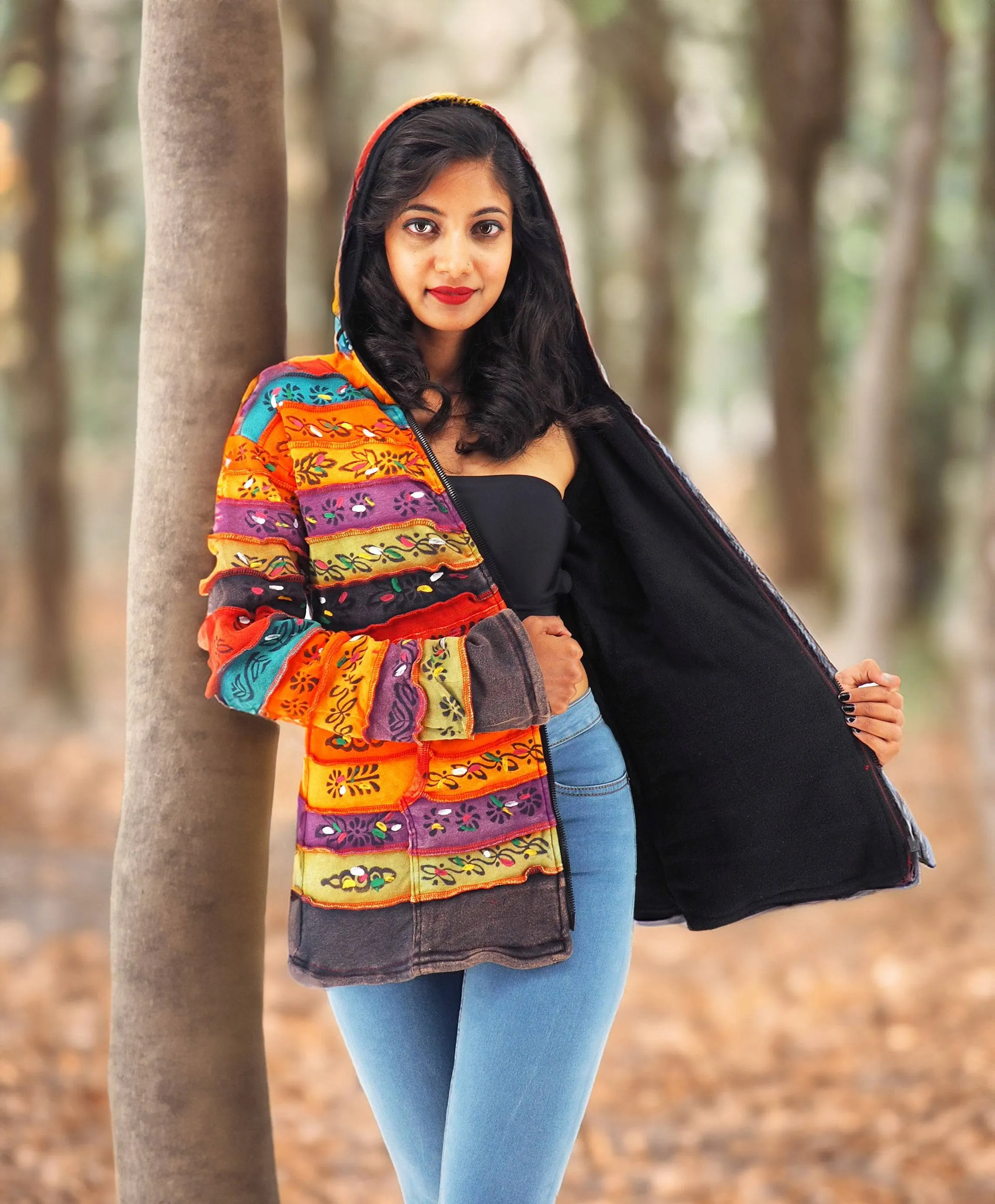 Handmade Patchwork Boho Fleece Lined Hoodie 100% Pre-Washed Cotton Rainbow Tones S-M-L-XL