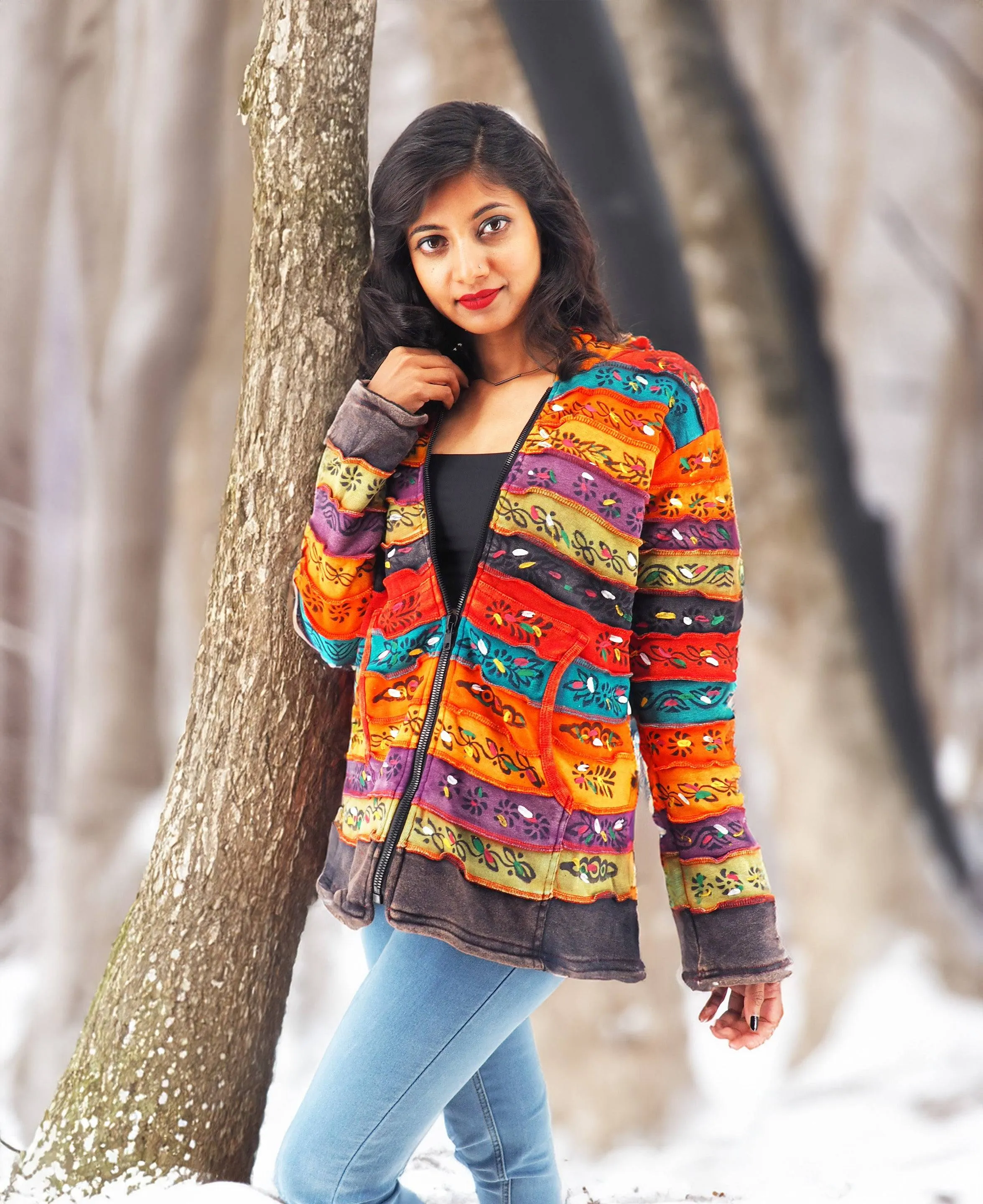 Handmade Patchwork Boho Fleece Lined Hoodie 100% Pre-Washed Cotton Rainbow Tones S-M-L-XL