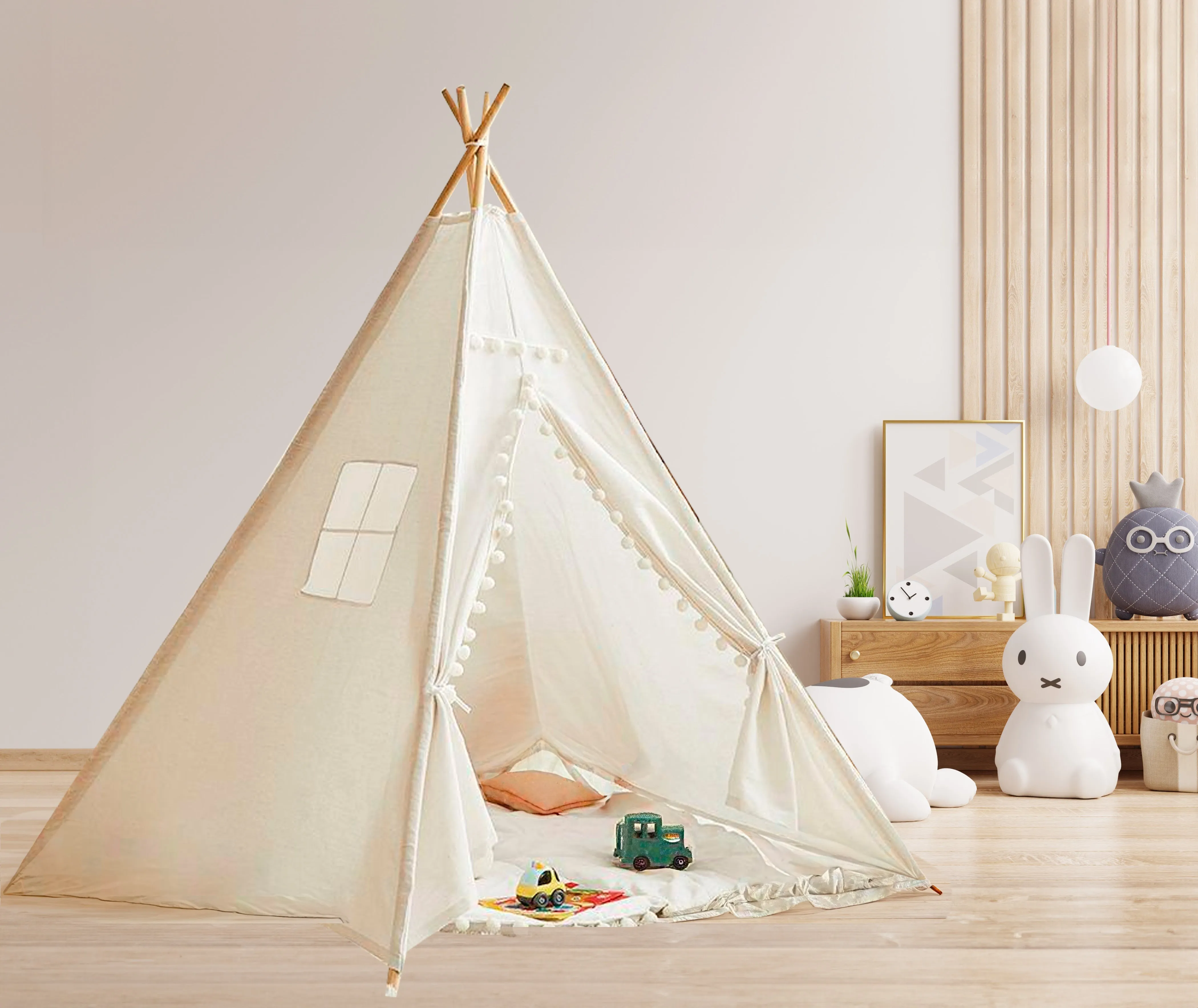 Large Foldable Kids Canvas Teepee Play Tent With Lights  ( White )