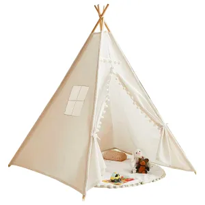 Large Foldable Kids Canvas Teepee Play Tent With Lights  ( White )