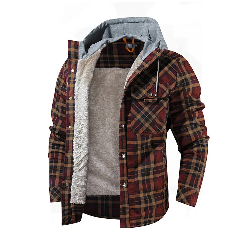 Men’s Warm Jacket Fleece Lining Plaid Hooded