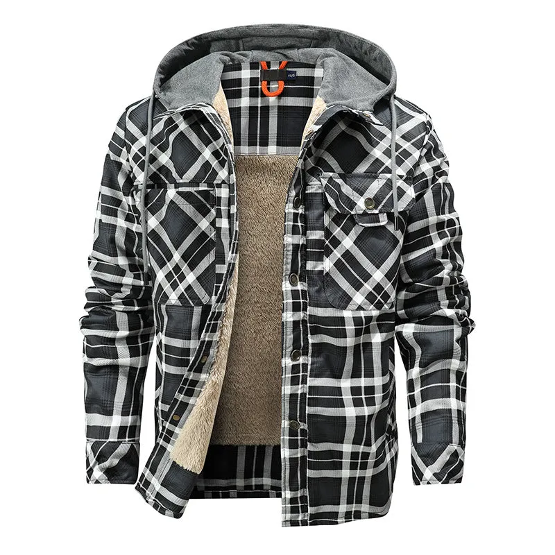 Men’s Warm Jacket Fleece Lining Plaid Hooded