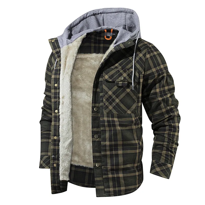 Men’s Warm Jacket Fleece Lining Plaid Hooded