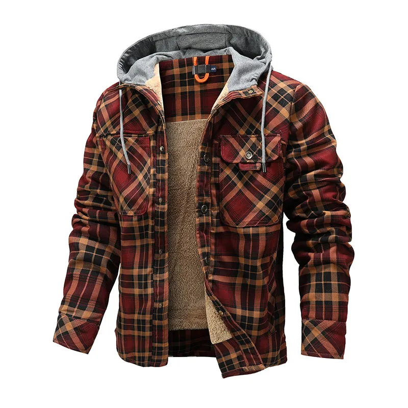 Men’s Warm Jacket Fleece Lining Plaid Hooded