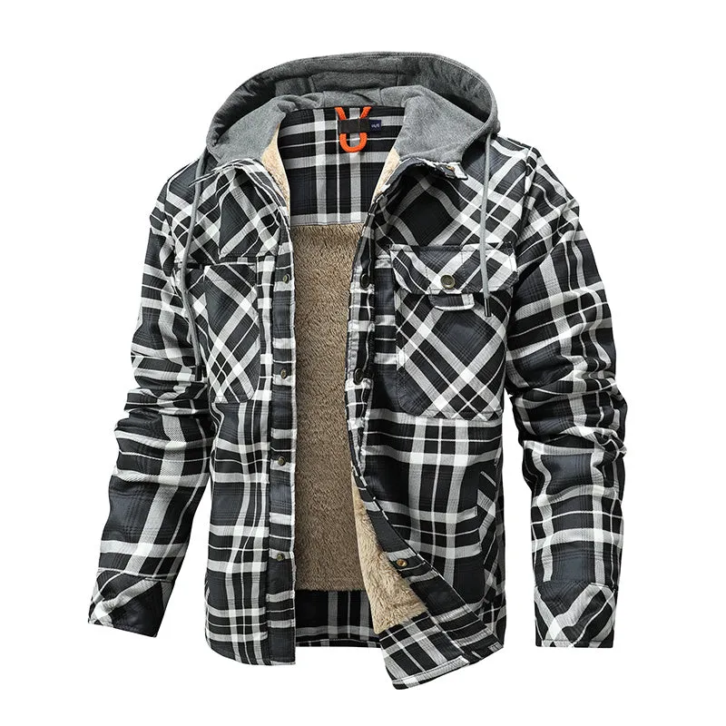 Men’s Warm Jacket Fleece Lining Plaid Hooded