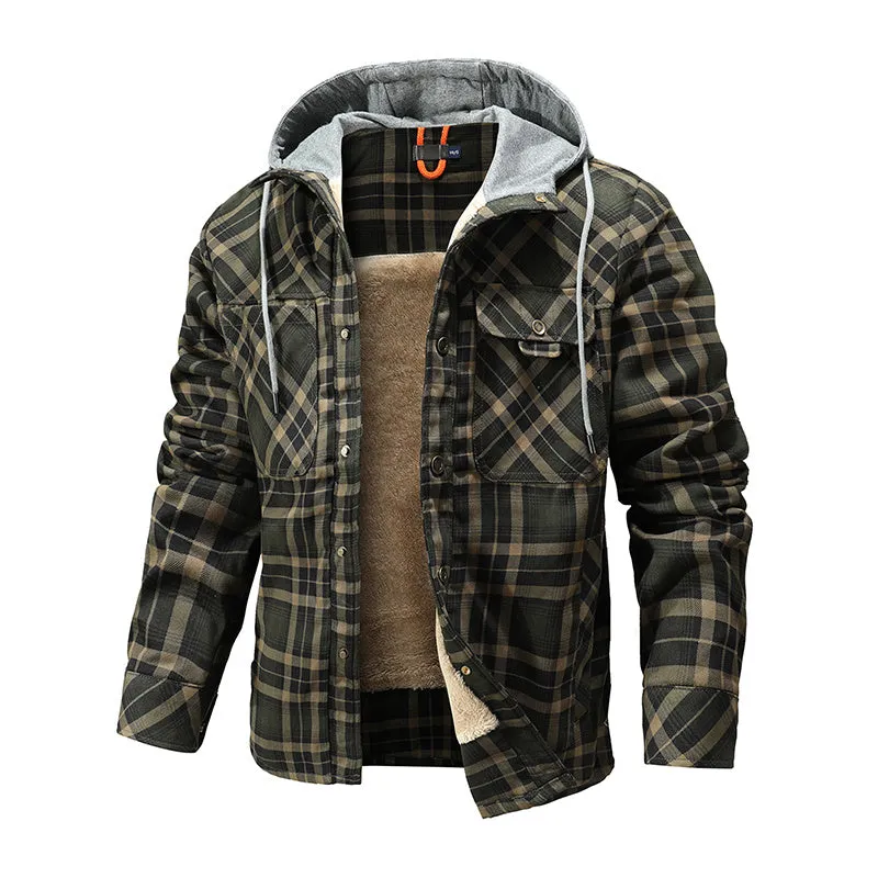 Men’s Warm Jacket Fleece Lining Plaid Hooded