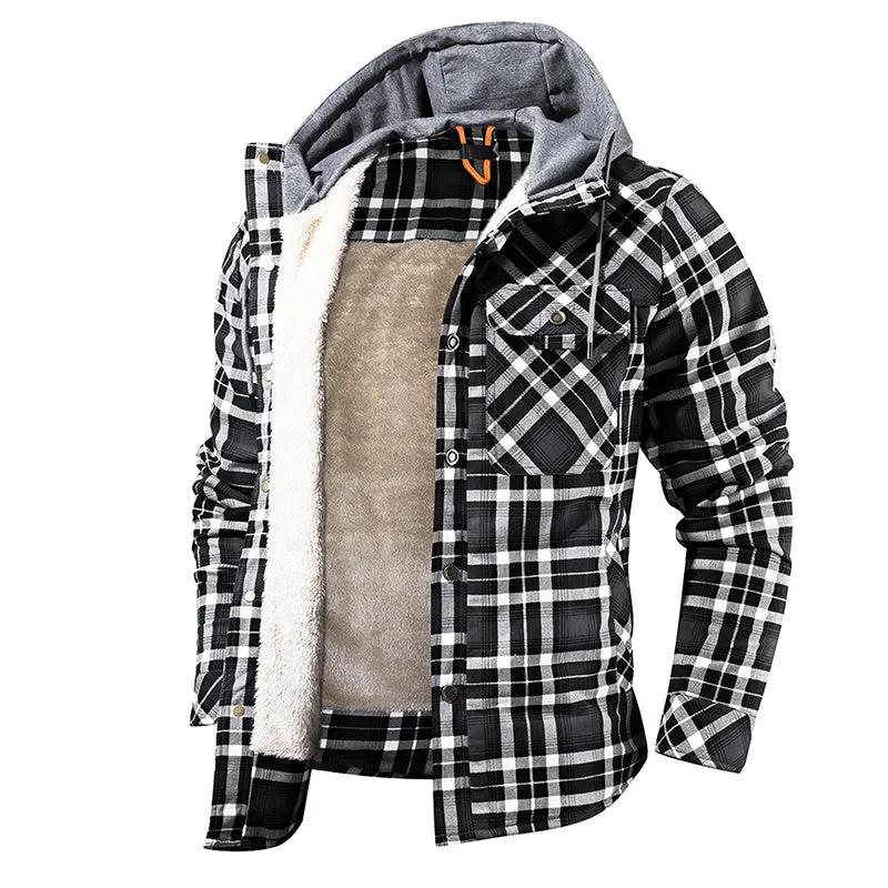 Men’s Warm Jacket Fleece Lining Plaid Hooded