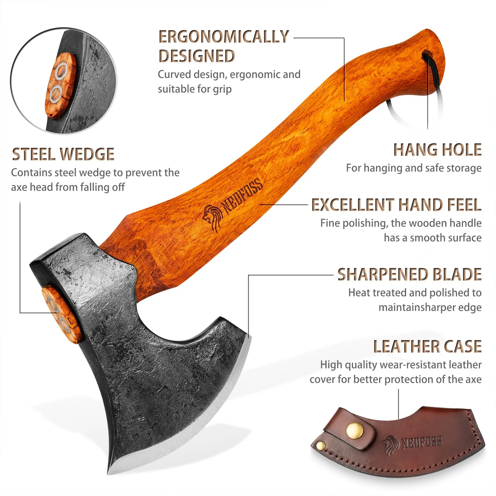 Nedfoss Camping Hatchet Axe, Viking Axe with Steel Wedge, Hand Forged Hatchets for Camping and Survival