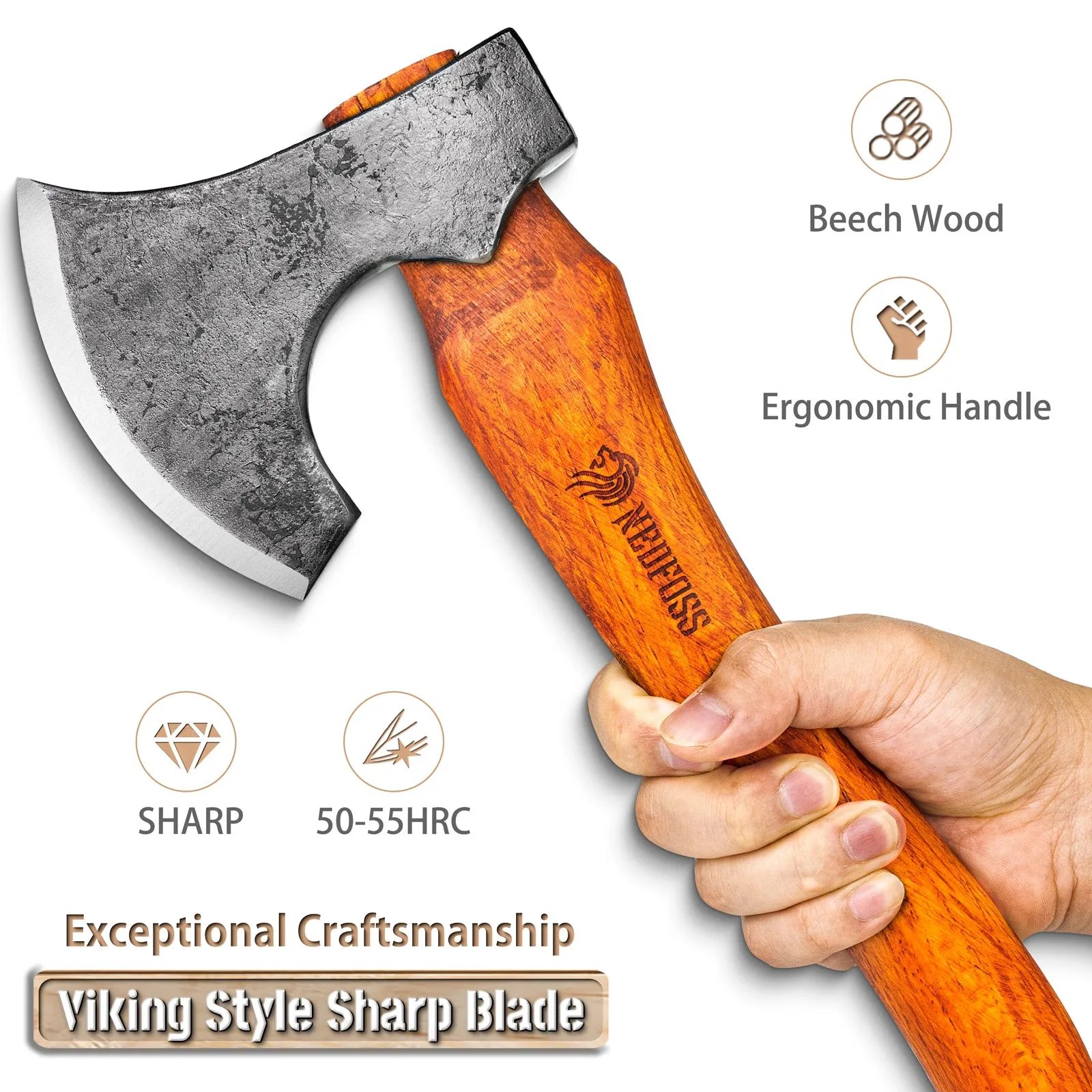 Nedfoss Camping Hatchet Axe, Viking Axe with Steel Wedge, Hand Forged Hatchets for Camping and Survival