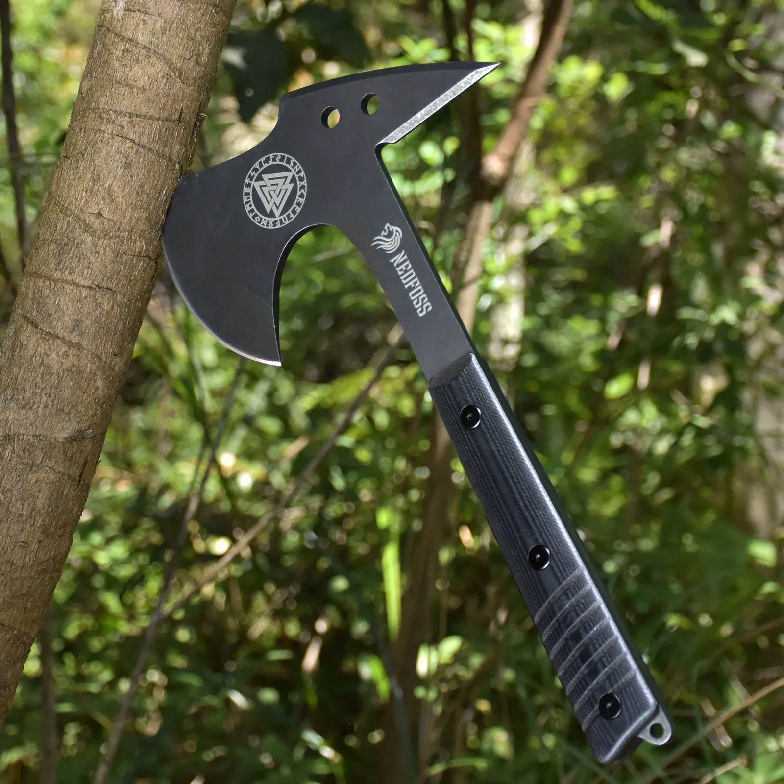 Nedfoss Eagle Full Tang Tactical Tomahawk and Viking Axe with Spike and Leather Sheath, Survival Hatchets