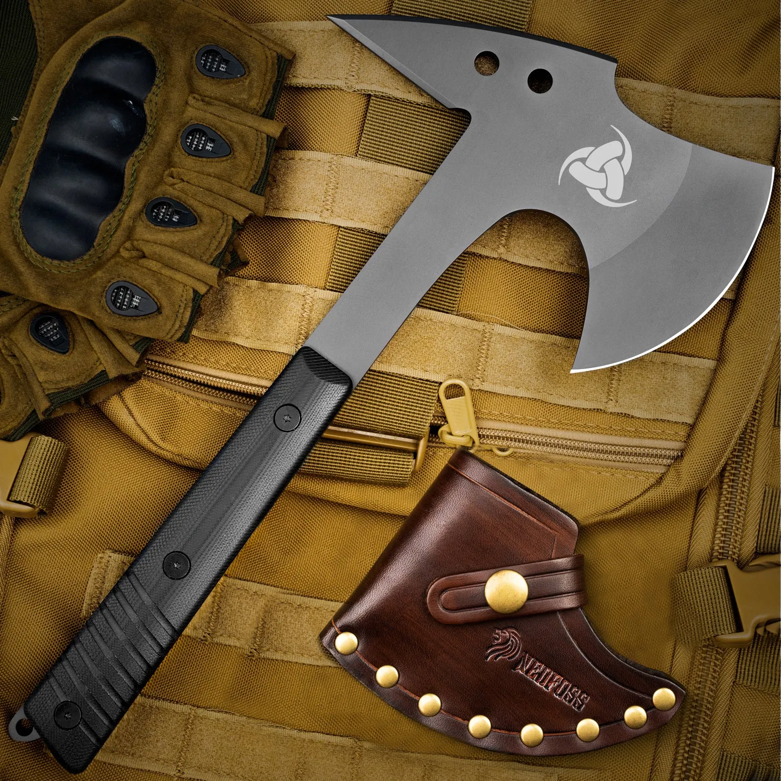 Nedfoss Eagle Full Tang Tactical Tomahawk and Viking Axe with Spike and Leather Sheath, Survival Hatchets