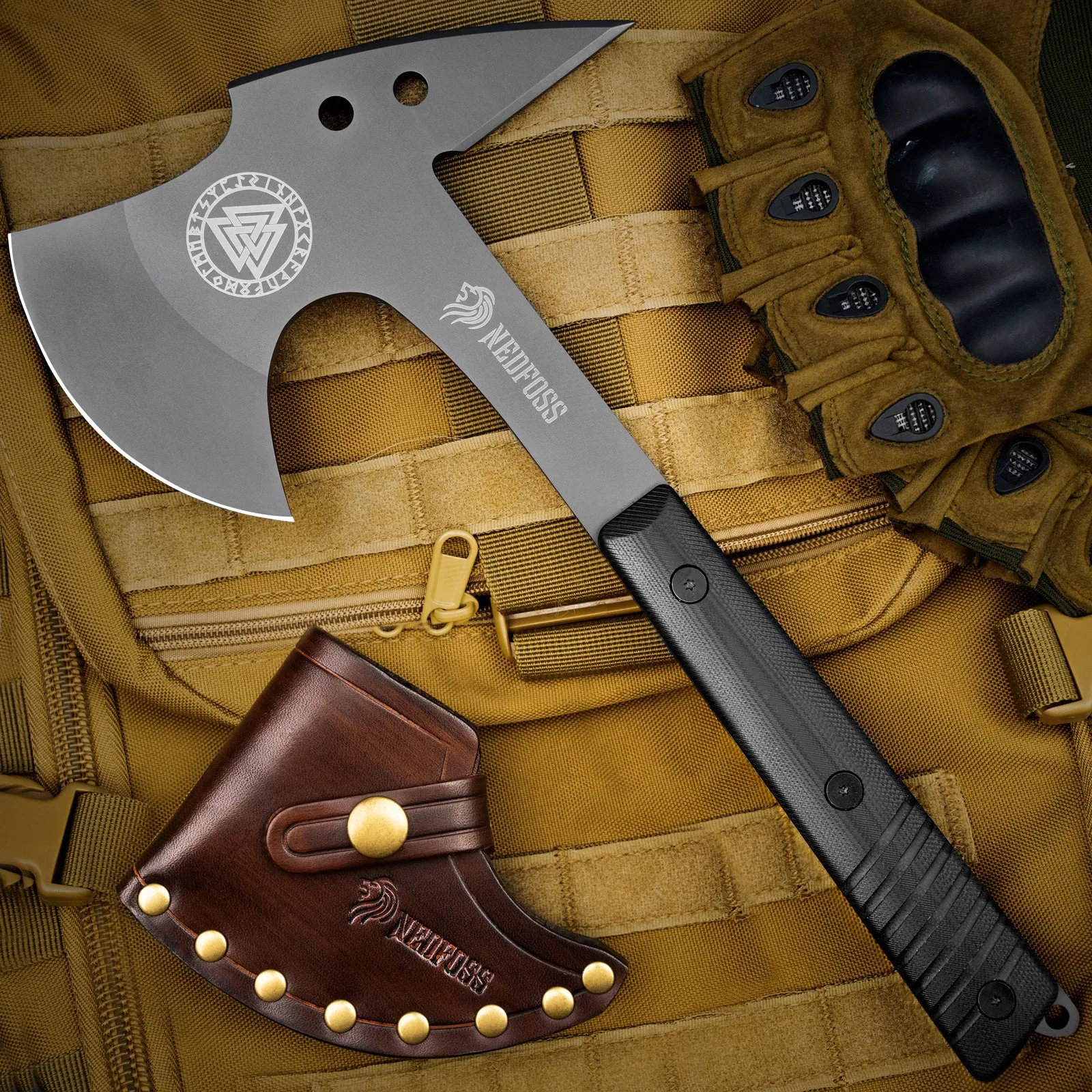 Nedfoss Eagle Full Tang Tactical Tomahawk and Viking Axe with Spike and Leather Sheath, Survival Hatchets