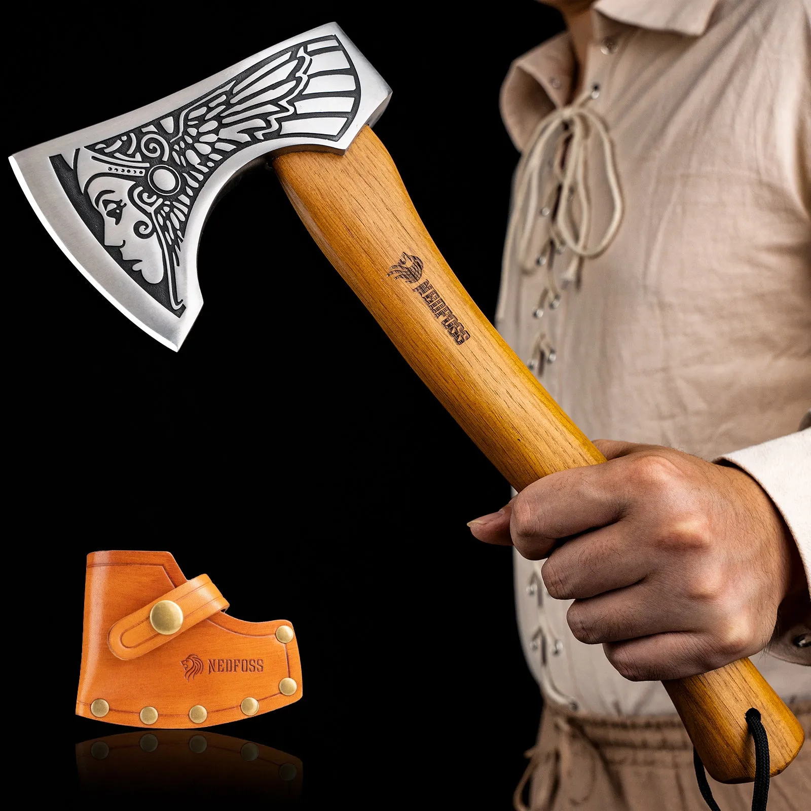 Nedfoss Valkyrie Viking Axe, Bearded Axe with Leather Sheath, Beech Wood Handle, Excellent Gifts for Men