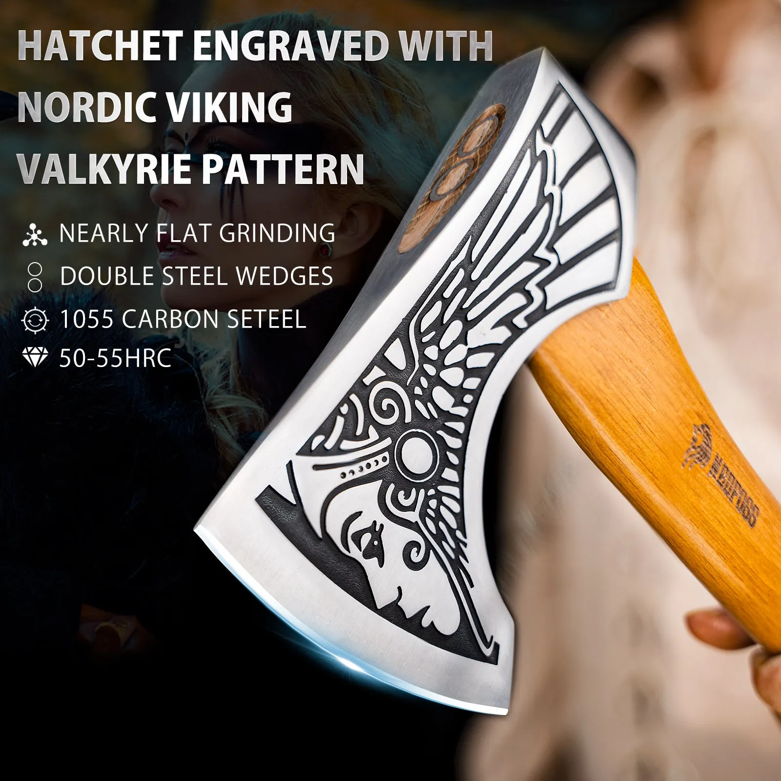 Nedfoss Valkyrie Viking Axe, Bearded Axe with Leather Sheath, Beech Wood Handle, Excellent Gifts for Men