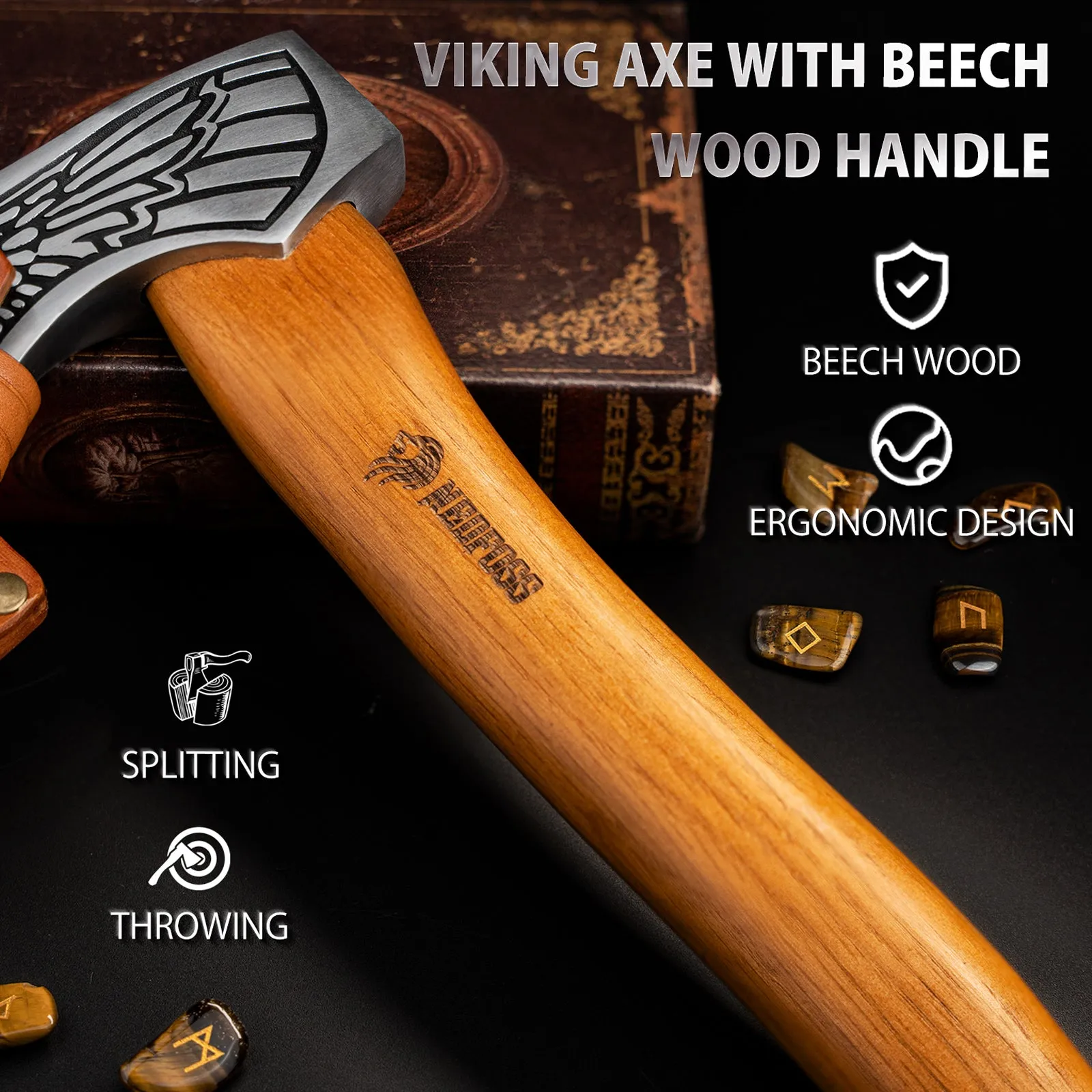 Nedfoss Valkyrie Viking Axe, Bearded Axe with Leather Sheath, Beech Wood Handle, Excellent Gifts for Men