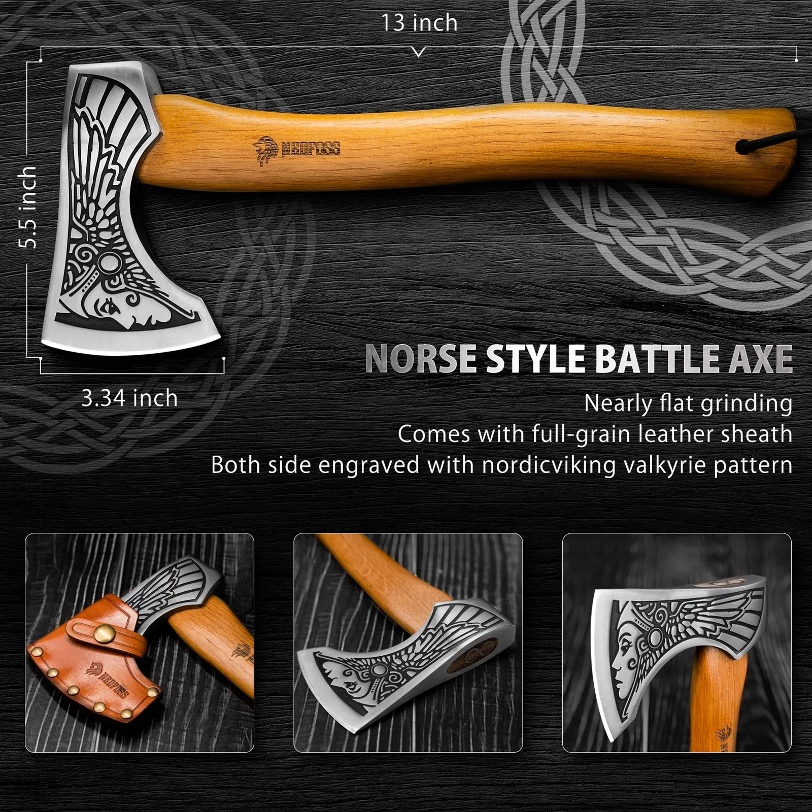 Nedfoss Valkyrie Viking Axe, Bearded Axe with Leather Sheath, Beech Wood Handle, Excellent Gifts for Men