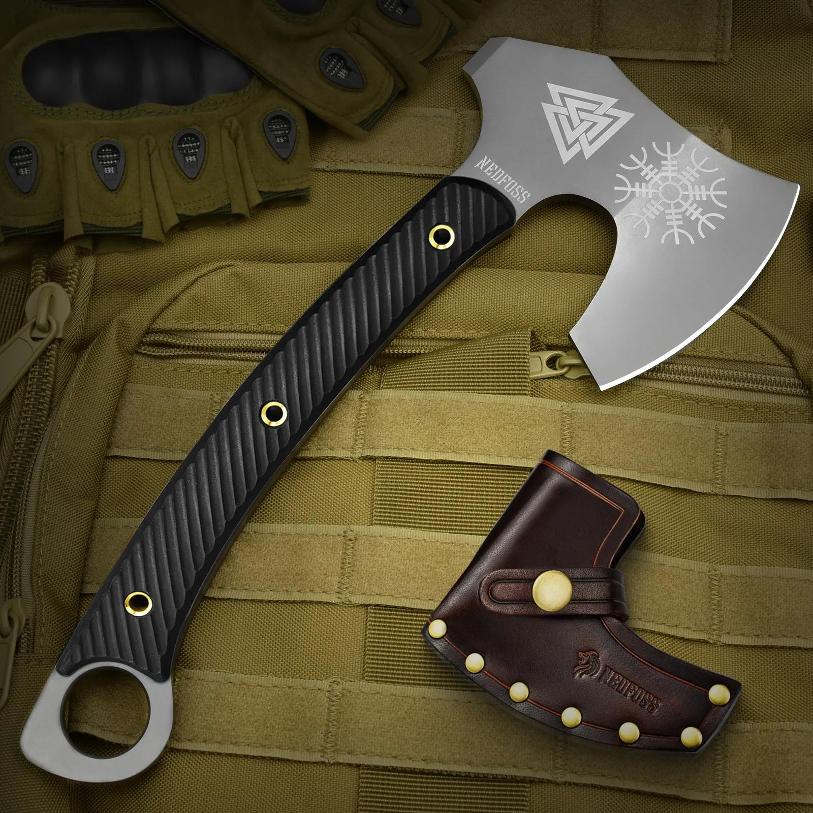 Nedfoss Vikings Tactical Tomahawk,4.3"Full Tang Berserker Blade Axe with G10 Handle and Leather Sheath