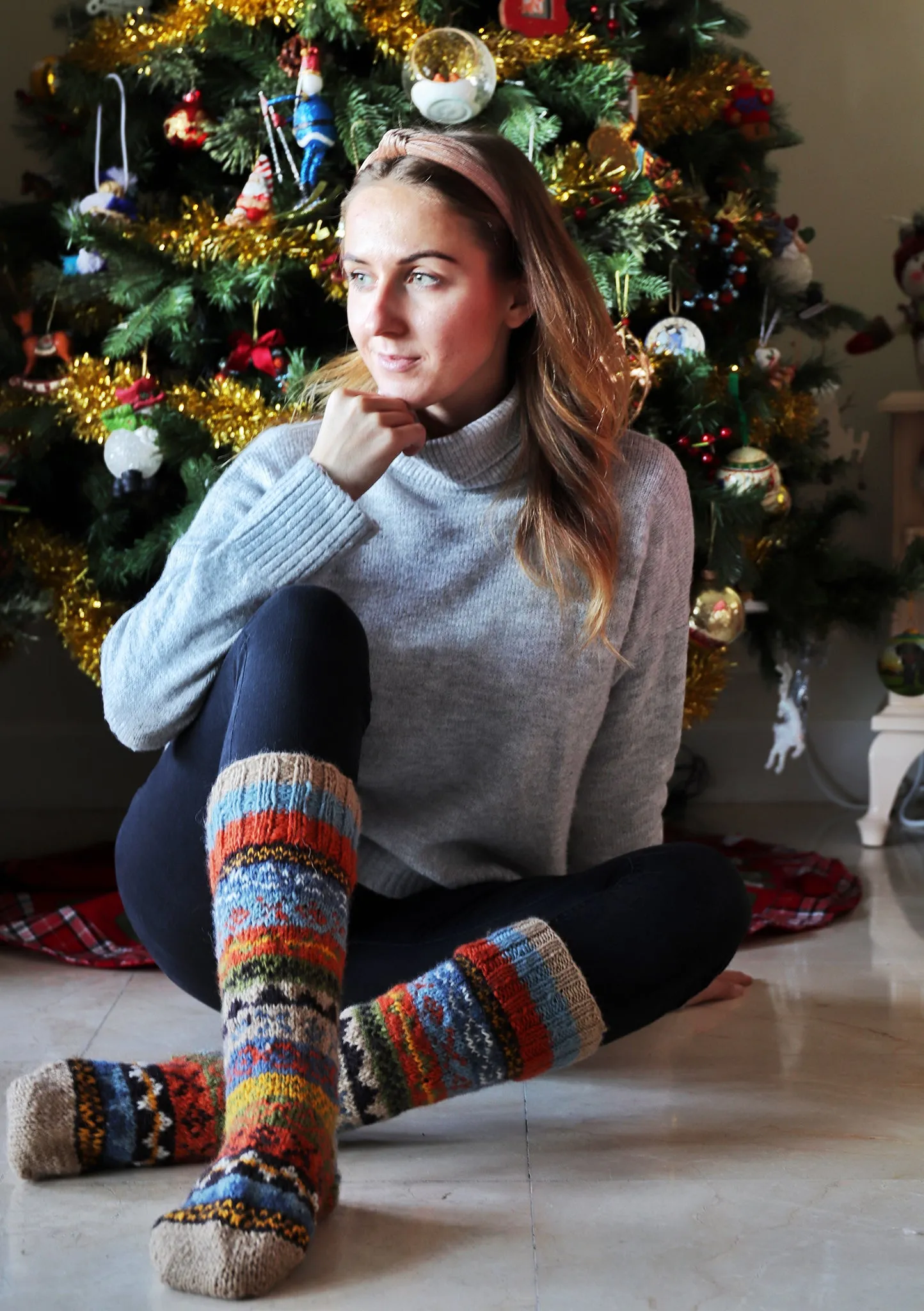 Orange and Green Multi-color Warm Woolen Knee High Socks